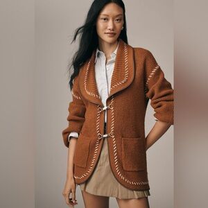NWT Anthropologie Maeve Faux Leather Trim Whipstitch Cardigan Sweater Jacket